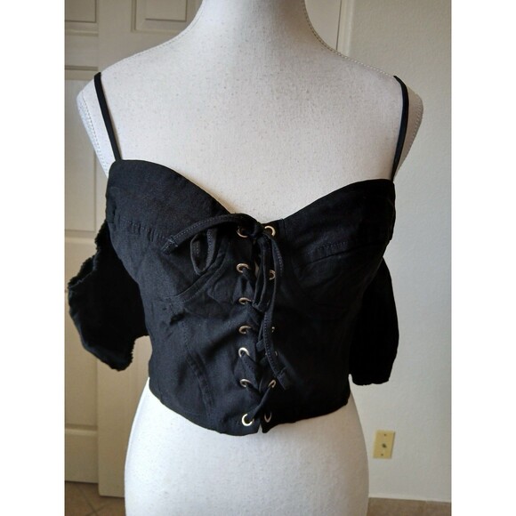Milk & Honey Tops - Milk & Honey Black Lace Up Off The Shoulder Corset Bustier Crop Top Size L
